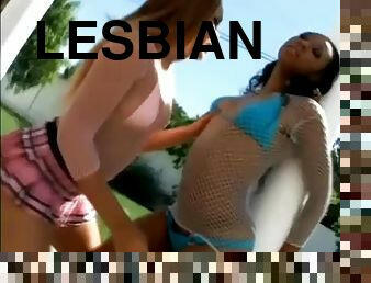 Lesbian hotties in fishnet bodysuits playing kinky outdoors