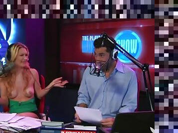 Topless blonde girl does radio interview