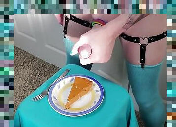 Rikki Ocean tops her pumpkin pie with her special hand whipped cream and enjoys every bite.