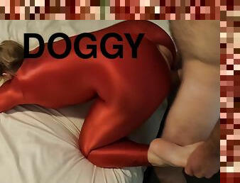 Hot Blonde Teen In Shiny Metallic Red Bodystocking Bodysuit Fucked Doggy Style Bent Over Moaning With Huge Cock Hard Fuck Blonde With Giant Cock