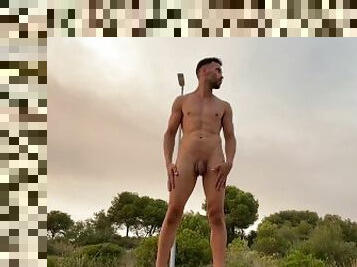 Flashing naked body on sunday sunset after carnaval party. Risky public exib