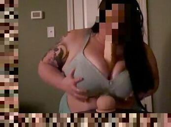 Mommy titfucks and sucks HUGE dildo in bra