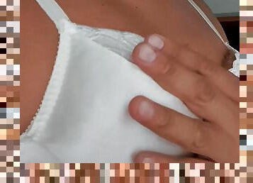 Caresing my boobs in white satin 34B bra