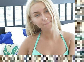 Blonde teen sticks a huge transparent dildo up her ass
