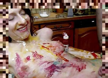 Food and sex orgy with Melany Furie getting all her holes fucked hard in the kitchen