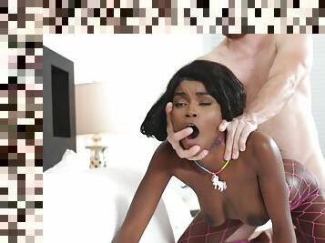 Ebony in sexy fishnets fucked merciless by a white bloke