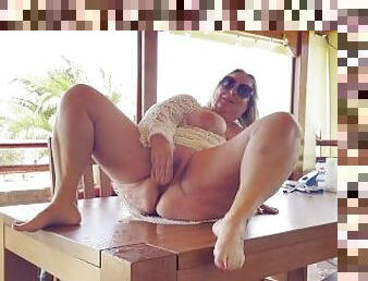 Horny Wife Squirting Masturbation Outdoor Table