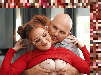 Bald dude works this chubby ass redhead's wet cunt in merciless XXX