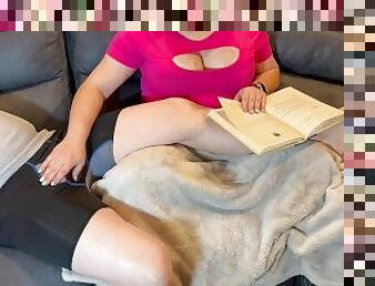 Step mom was reading her book when interrupted for a sneaky hand job