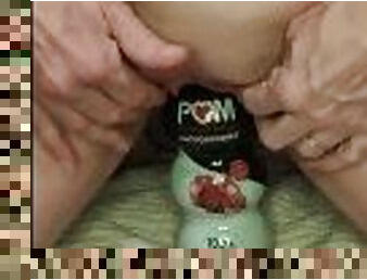 MILF stretches her pussy on a pom bottle. Extreme pussy insertion and bottle masterbation