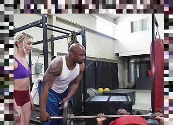 Sweet blonde endures a double dose of BBC down at the gym