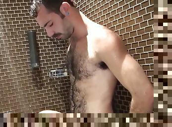 Hairy bear assfucked on the shower floor