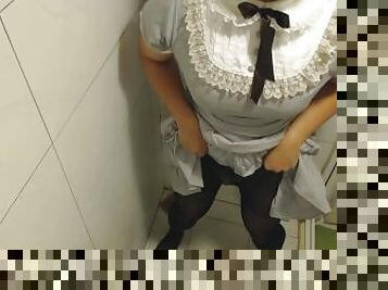 Crossdresser Wearing a Grey Dress and Peeing on the Floor Then Jerking off ??? ?? ??