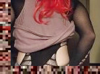 Red wig sissy riding dildos