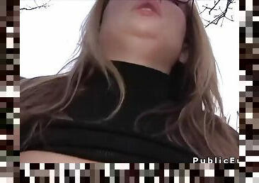 Shaved pussy student bangs outdoor pov for cash