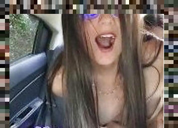 orgasmo, público, cona-pussy, lésbicas, adolescente, dedos, carro, namorada, sozinho