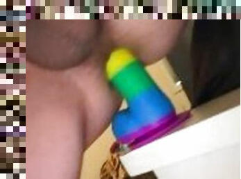 Twink Slut Riding Dildo huge Rainbow Toy Dildo