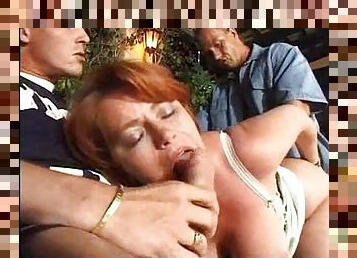 Mature fat redhead takes a double penetration