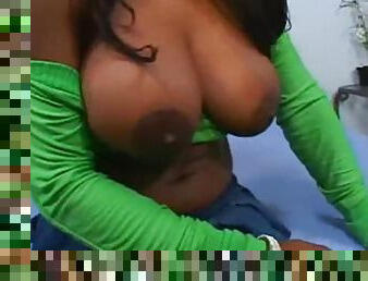 Slutty black girl in high heels has huge tits