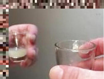 Cum play!- I fling a couple of my saved cum loads out of a shot glass onto a mirror to drip down