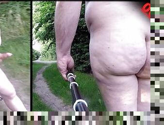 Public naked walk at outdoor gay cruising-spot. Leaving my clothes behind. Fapp and pee. Tobi00815