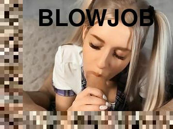 skolflicka, smal, amatör, avsugning, cumshot, avrunkning, pov, tofsar, sprut, blond