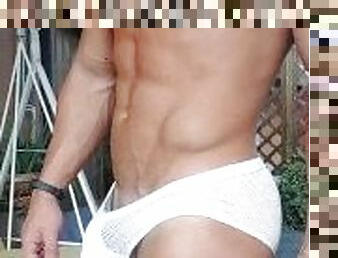 Muscular boy bulge italianbulge with white speedo getting hard outdoor