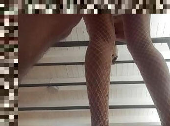 Naked with miniskirt, white fishnet stockings and high heels, throated and fucked hard