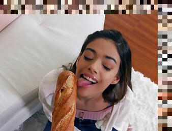 Latina girl loves the tasty baguette in her lovely holes