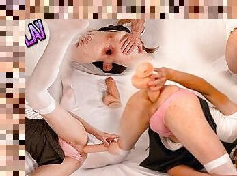 femboy schoolgirl shoving pants in ass and fucking massive dildo (anal gape)
