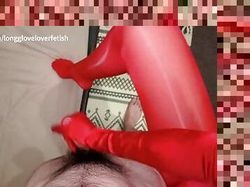 POV Dominated by Sexy Red Opera Satin Glove Handjob with Red Shiny Pantyhose