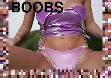 Shiny Girl, Pink Victoria Secret's Shiny Bikini and High Heels. Big Boobs On
