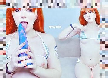 Redhead cutie in bikini Nami from One Piece enjoys dildo sucking and orgasms in her hairy pussy