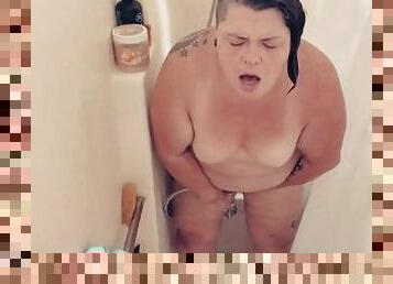 BBW shower fucks herself with dildo