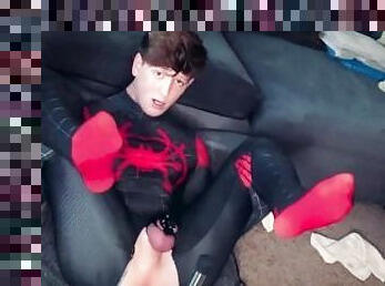 Super hero Spiderman Cosplay twink getting fucked by machine
