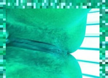 Hairy tight pussy masturbation in public tanning bed