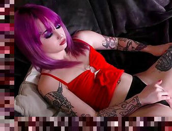 Tattooed and pierced POV babe with purple hair gets her pussy fucked