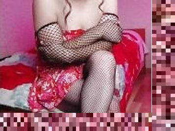 Can You Feel The Hot Feeling I Feel In Fully Transformed Into Girl With Sexy Dress And Fishnet Stock