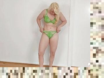 milf, mamma, truser, blond, undertøy, bikini