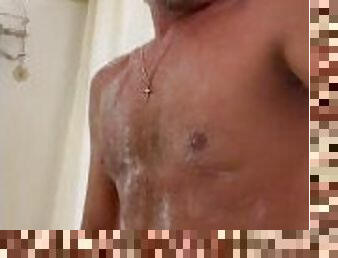 Getting clean in the cold shower and got hard