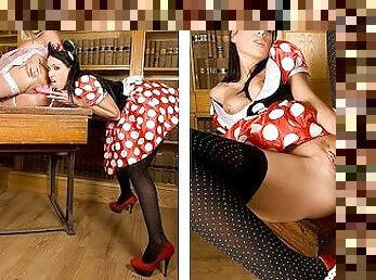 Two buxom hotties in cartoony outfits lap and fuck each other with toys