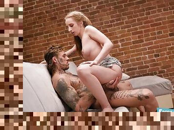 Fresh and Innocent - a Small Tits Pigtails Chick is Cock Throated Strongly by a Tattooed Man.