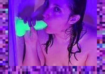 Squelching in the Shower with Glowtoy Dildo