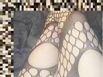 Sexy feet and thick chubby thighs in fishnet stockings