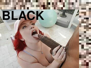 Redhead BBW Mandi May pleasures horny black stud on the sofa