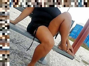 na-rua, público, esposa, amador, latina, bbw, praia, brasil, pés, meias-calças