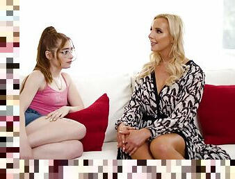 MILF and nerdy young stepdaughter share the couch for intimate fantasy