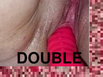 Double penetration with dick and dildo
