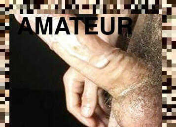 Close up male solo standing handjob. Big cumshot