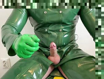 Latex coat big cumshot with latex gloves cum on latex